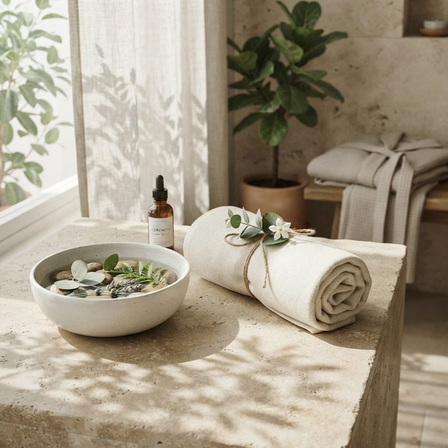 Folded towels and botanicals in a treatment room at Skinovatio Arlington Heights