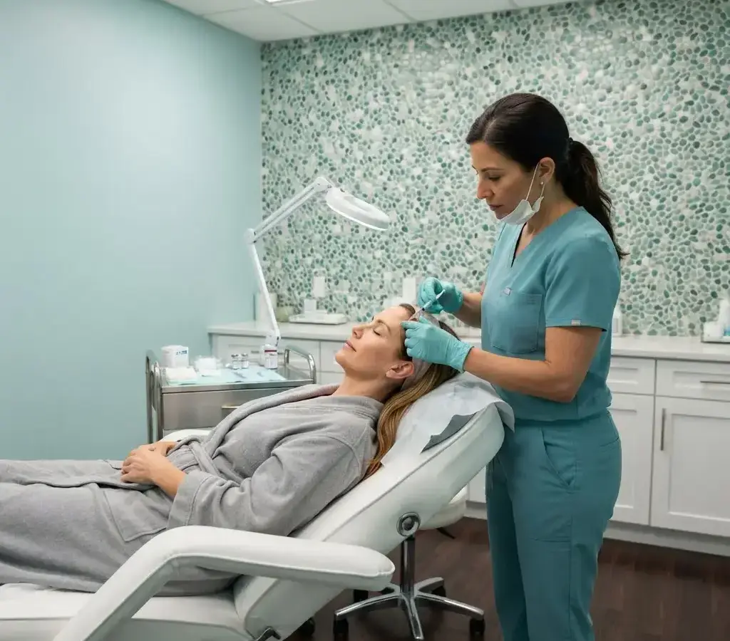 A provider performing a facial injectable treatment in the Arlington Heights treatment room