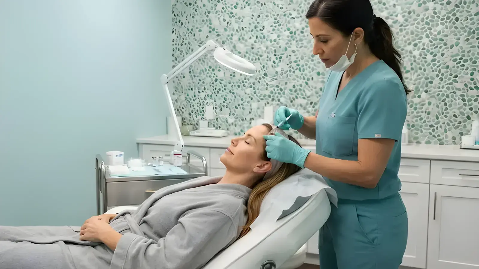A provider performing a facial injectable treatment in the Arlington Heights treatment room