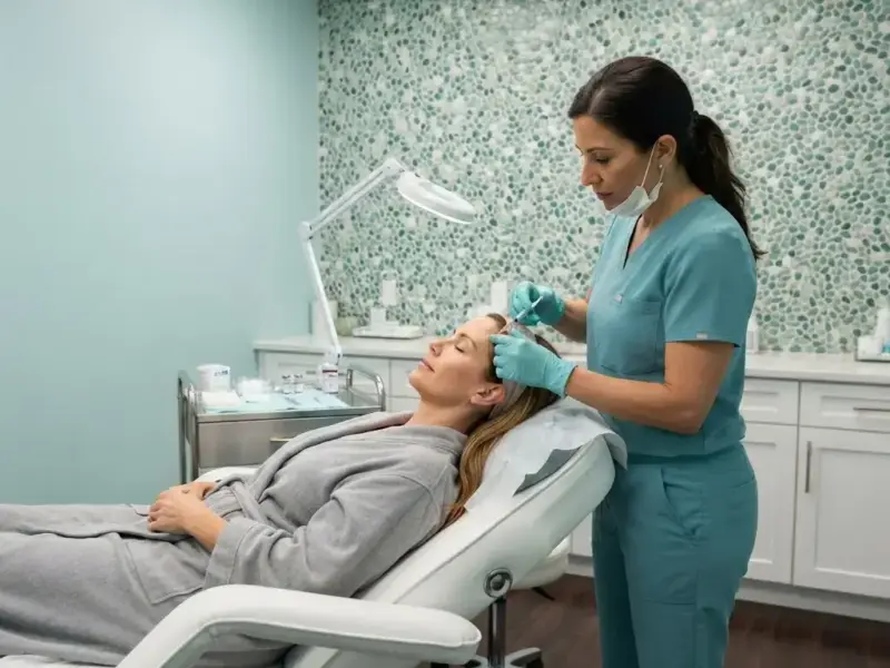 A provider performing a facial injectable treatment in the Arlington Heights treatment room