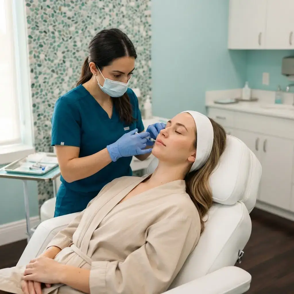 A provider performing a facial injectable treatment in the Arlington Heights treatment room