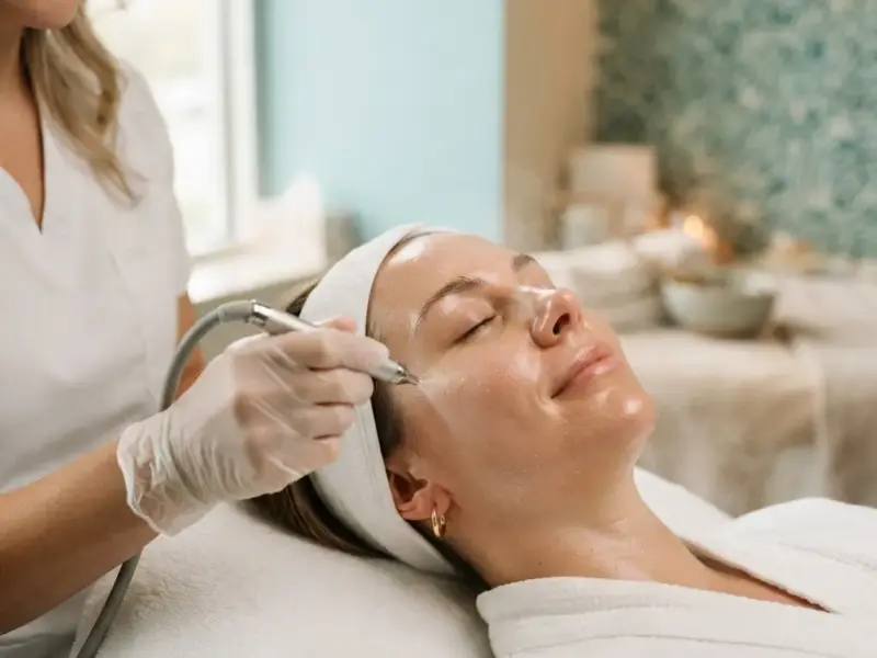 Oxygen facial being performed in the Arlington Heights treatment room