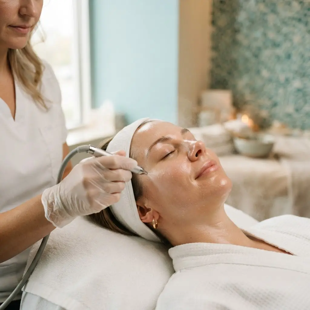 Oxygen facial being performed in the Arlington Heights treatment room