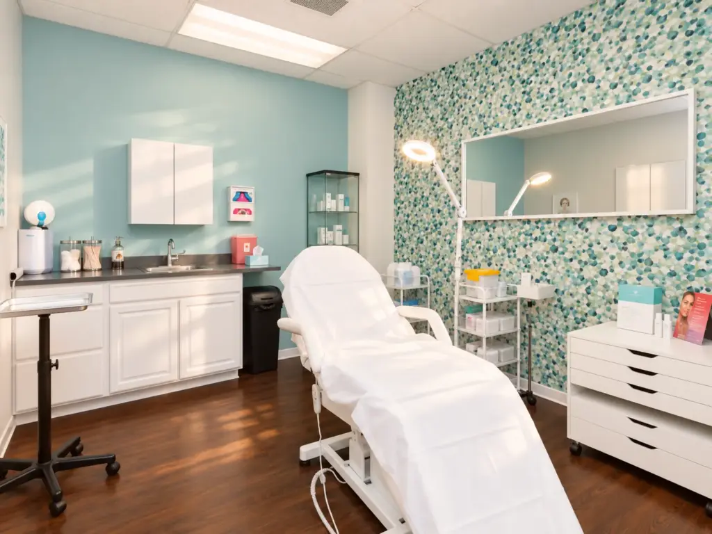 A treatment room at Skinovatio Arlington Heights, with a reclining chair, a magnifying lamp and a teal mosaic tile wall