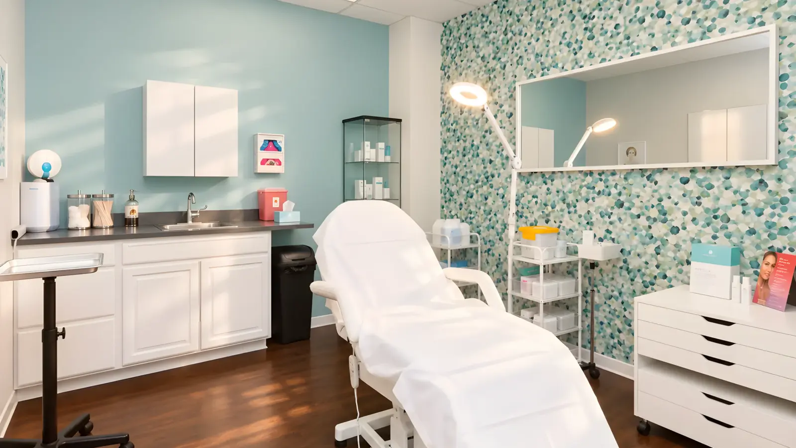 A treatment room at Skinovatio Arlington Heights, with a reclining chair, a magnifying lamp and a teal mosaic tile wall