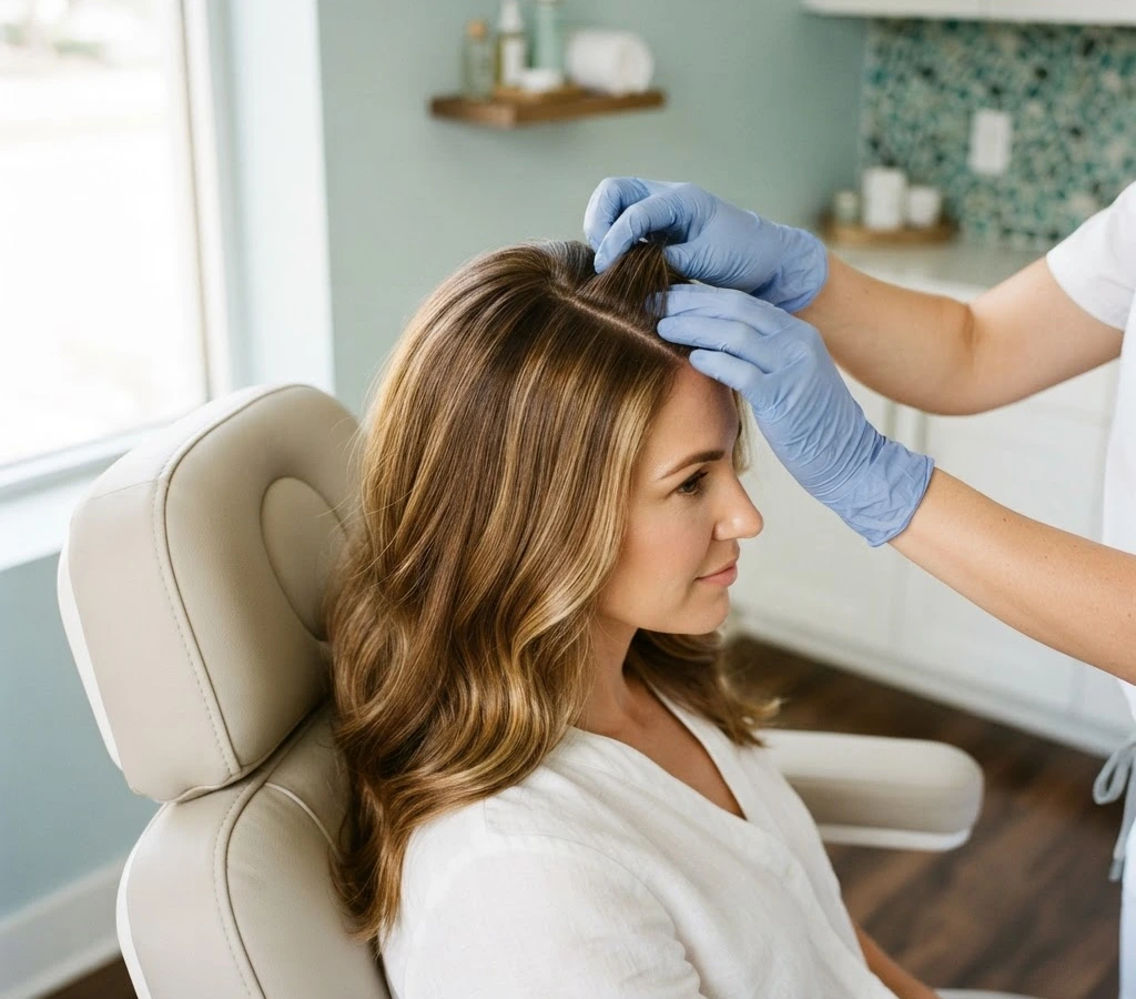 A provider parting a patient's hair for a scalp treatment at Skinovatio Arlington Heights