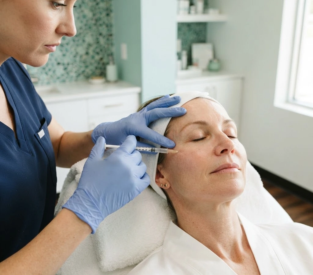 A provider in navy scrubs injecting a patient's forehead in a treatment room at Skinovatio Arlington Heights