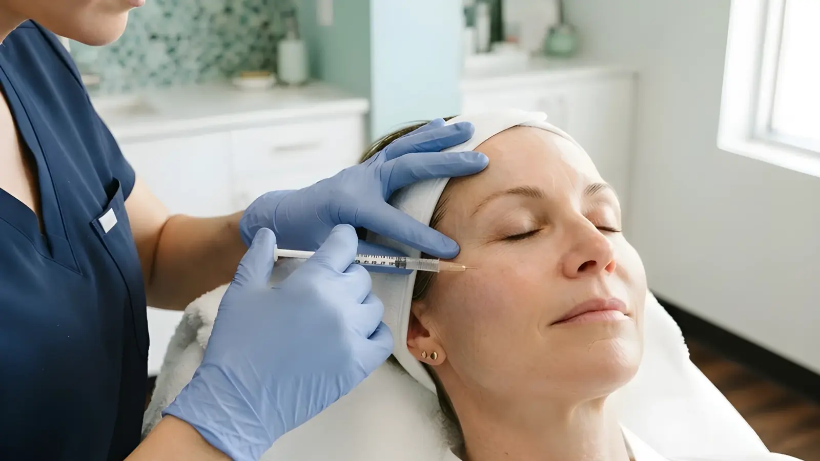 A provider in navy scrubs injecting a patient's forehead in a treatment room at Skinovatio Arlington Heights