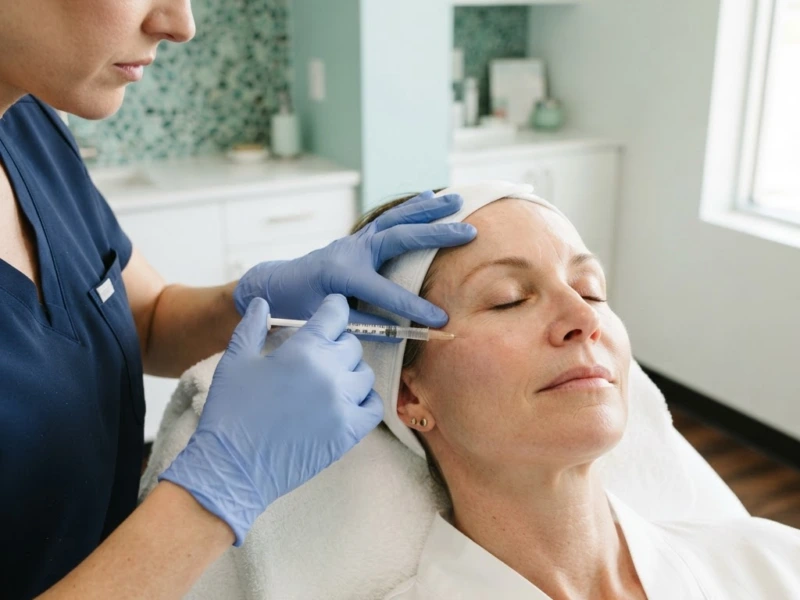 A provider in navy scrubs injecting a patient's forehead in a treatment room at Skinovatio Arlington Heights