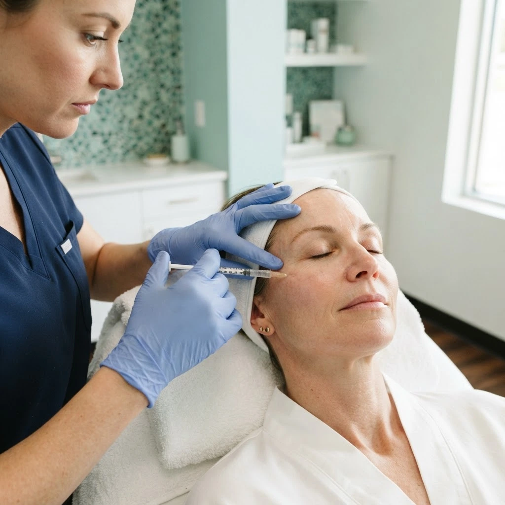A provider in navy scrubs injecting a patient's forehead in a treatment room at Skinovatio Arlington Heights