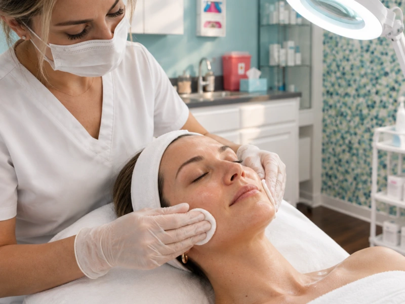 An esthetician performing a facial under a magnifying lamp at Skinovatio Arlington Heights