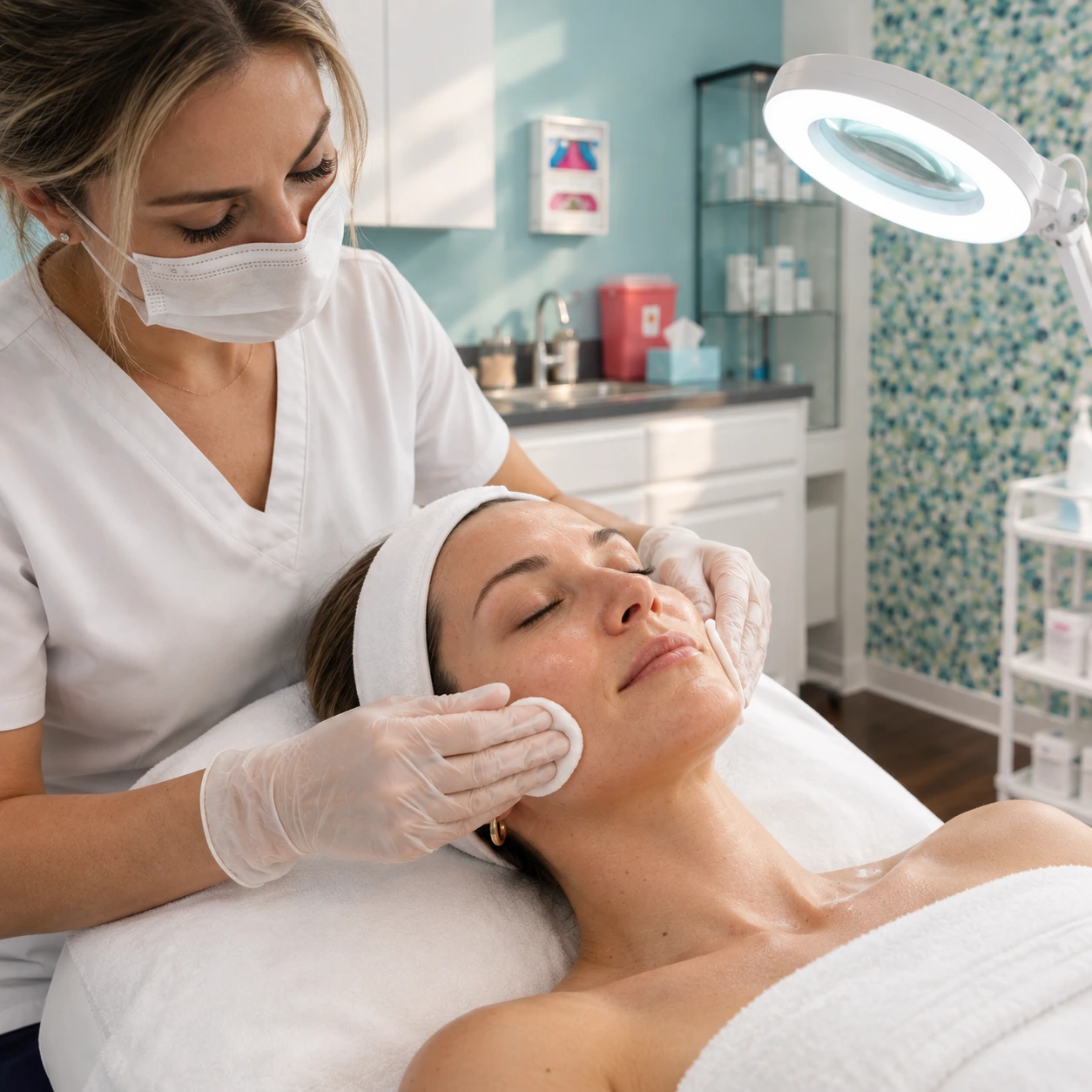 An esthetician performing a facial under a magnifying lamp at Skinovatio Arlington Heights