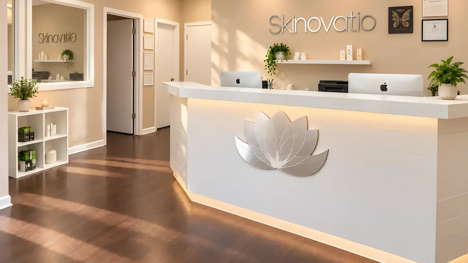 Front desk at Skinovatio Arlington Heights, with the silver lotus on the reception desk and the Skinovatio sign on the wall