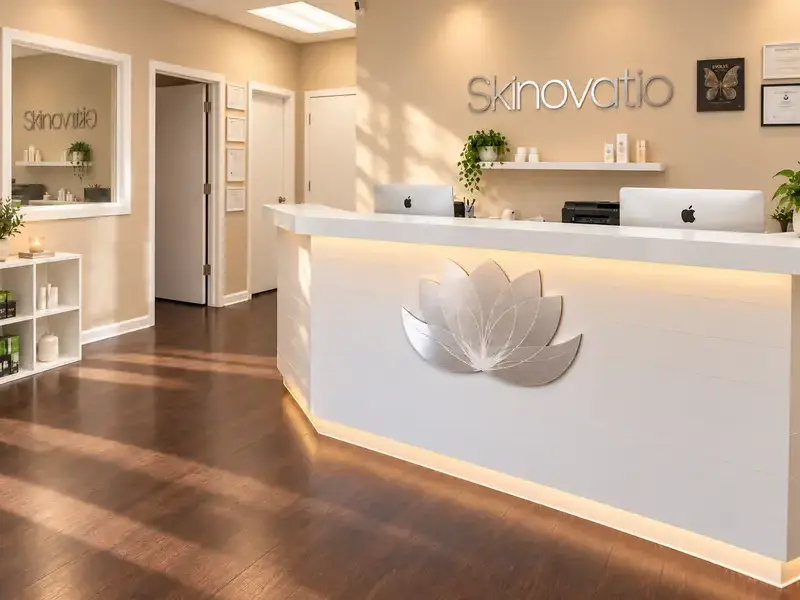 Front desk at Skinovatio Arlington Heights, with the silver lotus on the reception desk and the Skinovatio sign on the wall